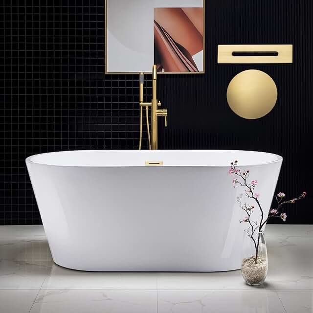 WOODBRIDGE 59" Freestanding White Acylic Soaking Bathtub with Brushed Nickel Drain and Overflow, BTA1514