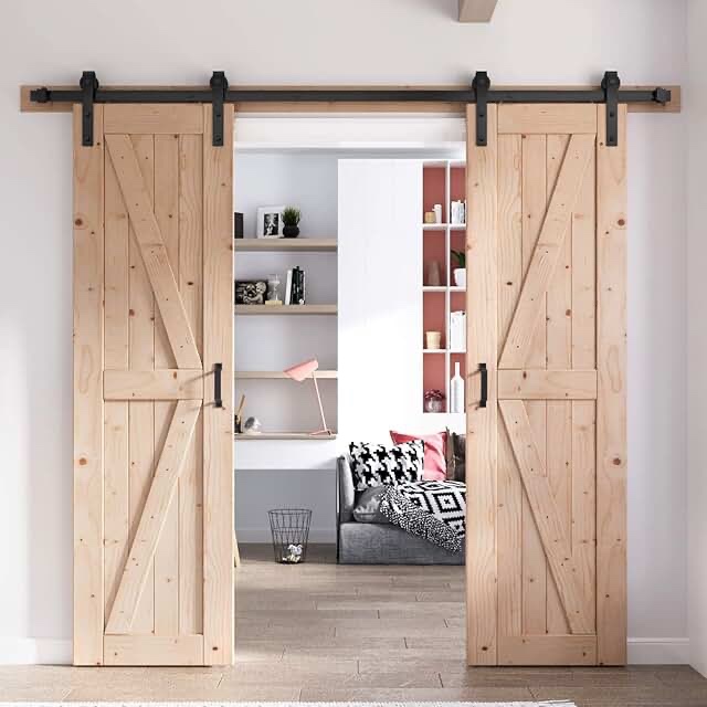 fredbeck 48 x 84 inch (double 24x84 inch doors) barn doors with 8ft barn door hardware kit and handle included k shape solid spruce wood
