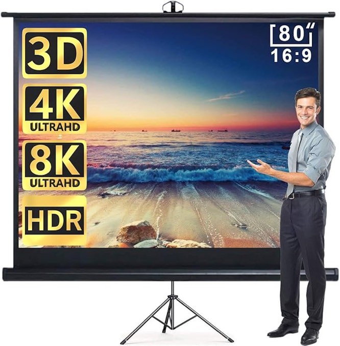Aoxun 80" Projector Screen with Stand - Set of Pull Up Indoor and Outdoor Portable Free Tripod Screen 80 inch 16:9 HD Projection Screen for Movie or Office Presentations