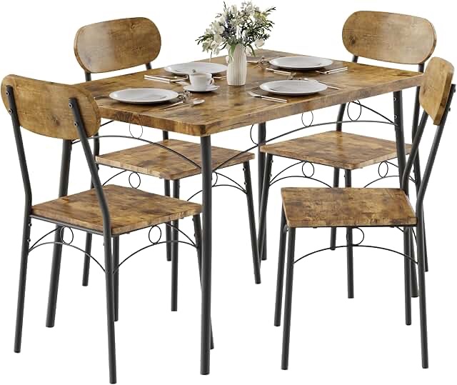 VECELO Dining Table Set for 4, 5-Piece Kitchen Table with 4 Chairs, MDF Board Tabletop with Metal Frame for Small Space, Compact Dinette, Breakfast Nook, Brown. Out of box. appears complete