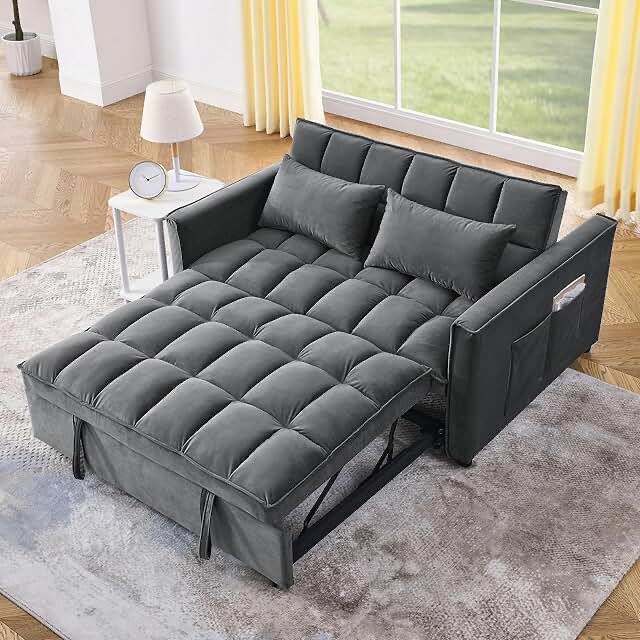 3 in 1 Convertible Sleeper Sofa Bed, Futon Couches for Living Room with Side Pocket | Adjustable Backrest| Velvet Fabric. Light Grey
