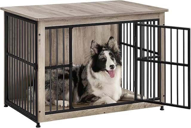 Feandrea 38.6" Dog Crate Furniture, Indoor Dog Cage Side End Table, XL Pet Wood Kennel for Large and Medium Dogs up to 70 lb with Multi-Purpose Removable Tray, Double-Door Pet House, Greige