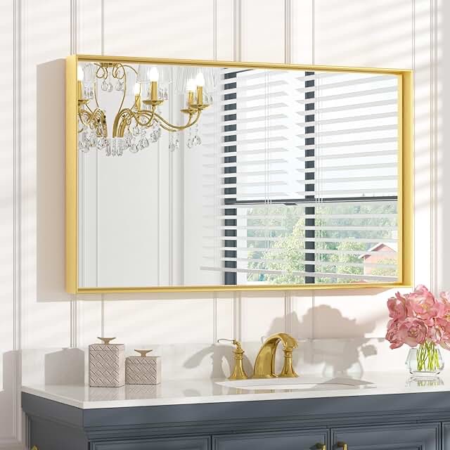 Keonjinn Brushed Gold Bathroom Mirror 55 x 36 Inch, Large Gold Vanity Mirror for Wall, Metal Frame,Rectangle Square Corner, Oversized, Modern Farmhouse(Horizontal/Vertical)