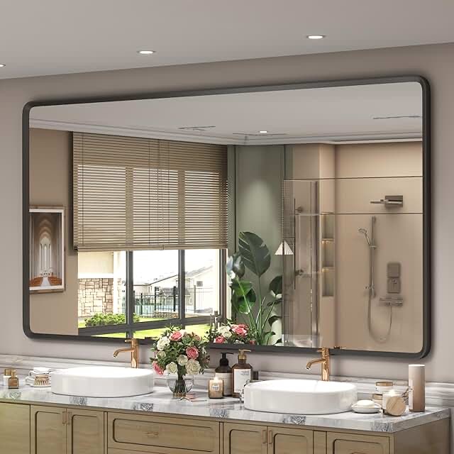 66x40 inch black matte framed mirror for bathroom, rounded rectangle mirror, bathroom vanity mirror for wall, anti-rust, shatterproof