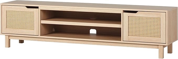 Walker Edison Destin Modern Minimal Rattan-Door TV Stand for TVs up to 80 Inches, 70 Inch, Coastal Oak