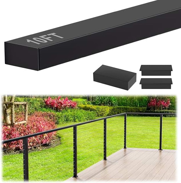 10FT Stainless Steel T304 Black Handrail, Rectangular Cuttable Handrail Flat Top Rail with POM Connector and Metal End Caps for Indoor Outdoor Deck Stair Cable Railing System DIY Balustrade
