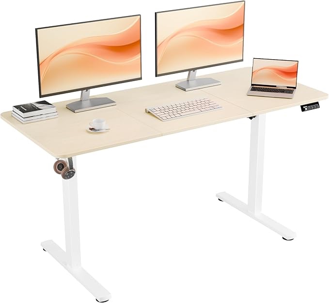 ERGOMAKER Electric Standing Desk 140x60cm (55.1"x23.6"), Height Adjustable Sit Stand Desk with Splice Board for Home Office, Computer Desk Memory Preset (White Frame + Golden Oak Desktop)