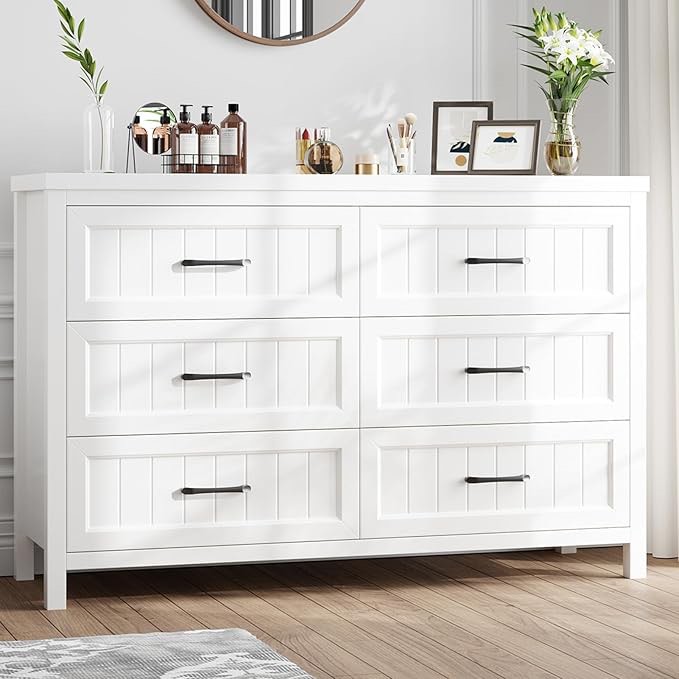 White Farmhouse 6 Drawer Dresser for Bedroom - Large Double Dressers TV Stand with Deep Drawers Dressers for Hallway, Entryway