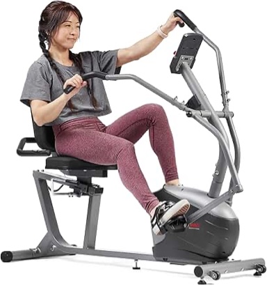 Sunny Health & Fitness Smart Recumbent Bike, Full-Body Home Training with Arm/Leg Exercisers, Indoor Cycling Workout Machine Plus Adjustable Seat & Bulit-in Pulse Sensors, Free SunnyFit App Connection