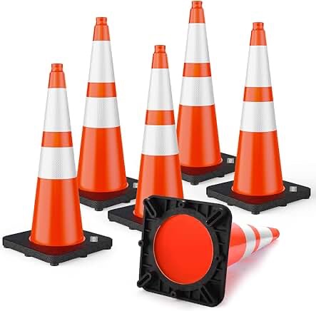 BATTIFE 28 Inch Traffic Cones with Black Weighted Base, PVC Orange Safety Cones for Traffic Control, Construction Events, Driveways, and Parking Lots (6 Pack)