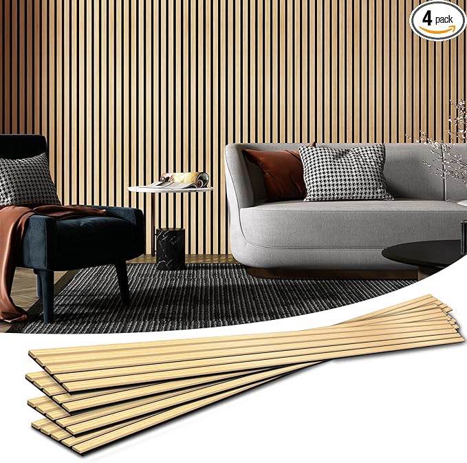 Art3d 4-Piece Wood Slat Acoustic Panels for Stylish Decor and Noise Reduction, 3D Textured Panel for Ceiling and Wall, Oak