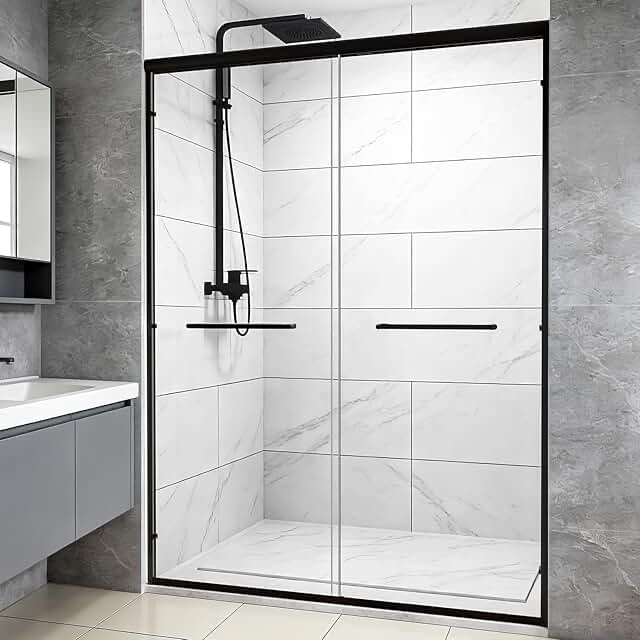Shower Door Double Sliding Glass Shower Door 54 in x 70 in. H, 1/4 inch Clear SGCC Tempered Glass Sliding Doors, Bathroom Shower Glass Doors with Explosion-Proof Film, Matte Black
