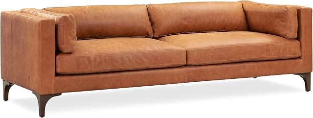 POLY & BARK Argan 93” Leather Sofa – Full-Grain Italian Aniline Leather, Feather-Down Comfort, Solid Wood Frame – Cognac Tan