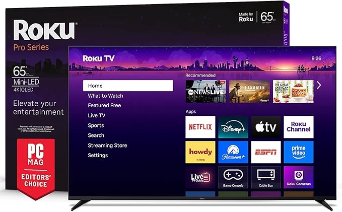 roku smart tv – 65-inch pro series, mini-led tv – rokutv with backlit voice remote pro – flat screen 4k qled television with 120hz refresh rate & dolby vision iq, live news, sports, entertainment. untested appears in good condition. use preview