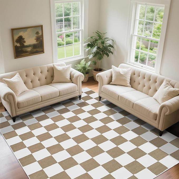 Washable Checkered Rug, 8x10 ft Beige and White Rug, Low Pile Area Rugs for Living Room with Non-Slip Backing for Bedroom Playroom Classroom Office Dorm and Kids Room