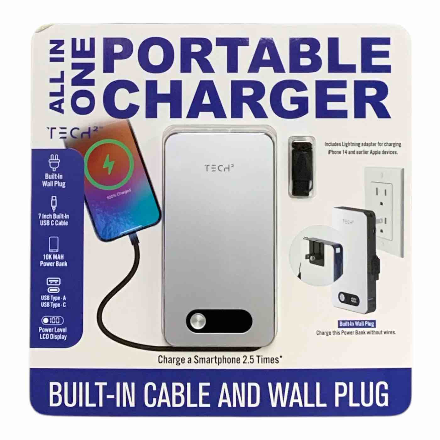 tech squared all-in-one portable charger, 10k mah plug-in power bank, silver