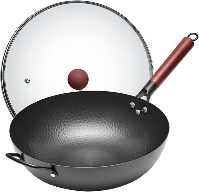 WANGYUANJI Iron Wok 13.4" Stir Fry Pans,Carbon Steel Wok Pan with Wooden Handle, Flat Bottom Wok for All Stoves, Black(Including Glass Cover)