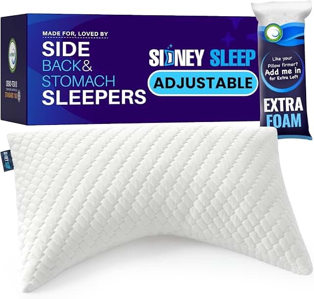 Sidney Sleep Pillow for Side and Back Sleepers - Comfort for Neck and Shoulder Pain - Adjustable and Customizable Shredded Memory Foam Filling - Queen Size - Additional Foam Fill Included (White)