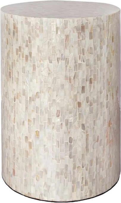 Mother of Pearl Inlaid Cylinder Drum End Table Nacre Capiz Shell Side Table Stool Drum Accent Table Coffee Bedside Side Table Round Nightstand and Vanity Stool (Pearl White)