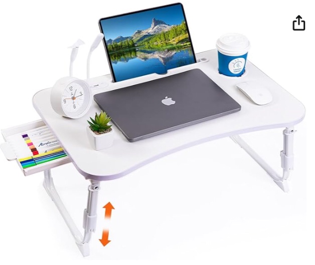 White Laptop Desk for Bed, Height Adjustable Laptop Bed Table, Foldable Portable Lap Desk Stand with USB/Storage Drawer/Cup Holder/Slot, Breakfast Tray for Working Reading Writing Eating