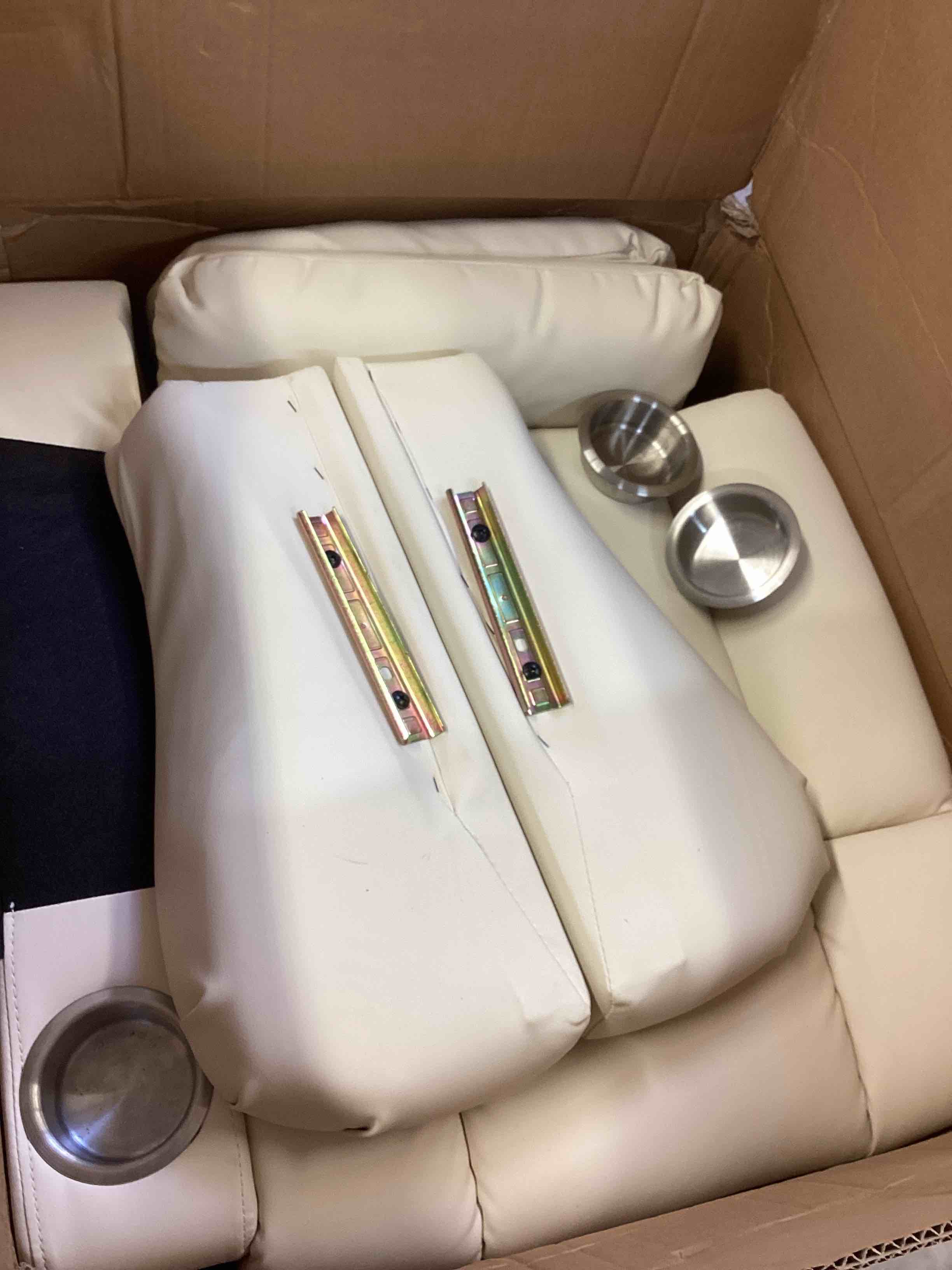Condition photo showing As Is for dresegmt loveseat recliner sofa, flip middle backrest design pu leather reclining sofa with storage drawer, manual couch for living room (ivory white, pu) ((incomplete only box a) 