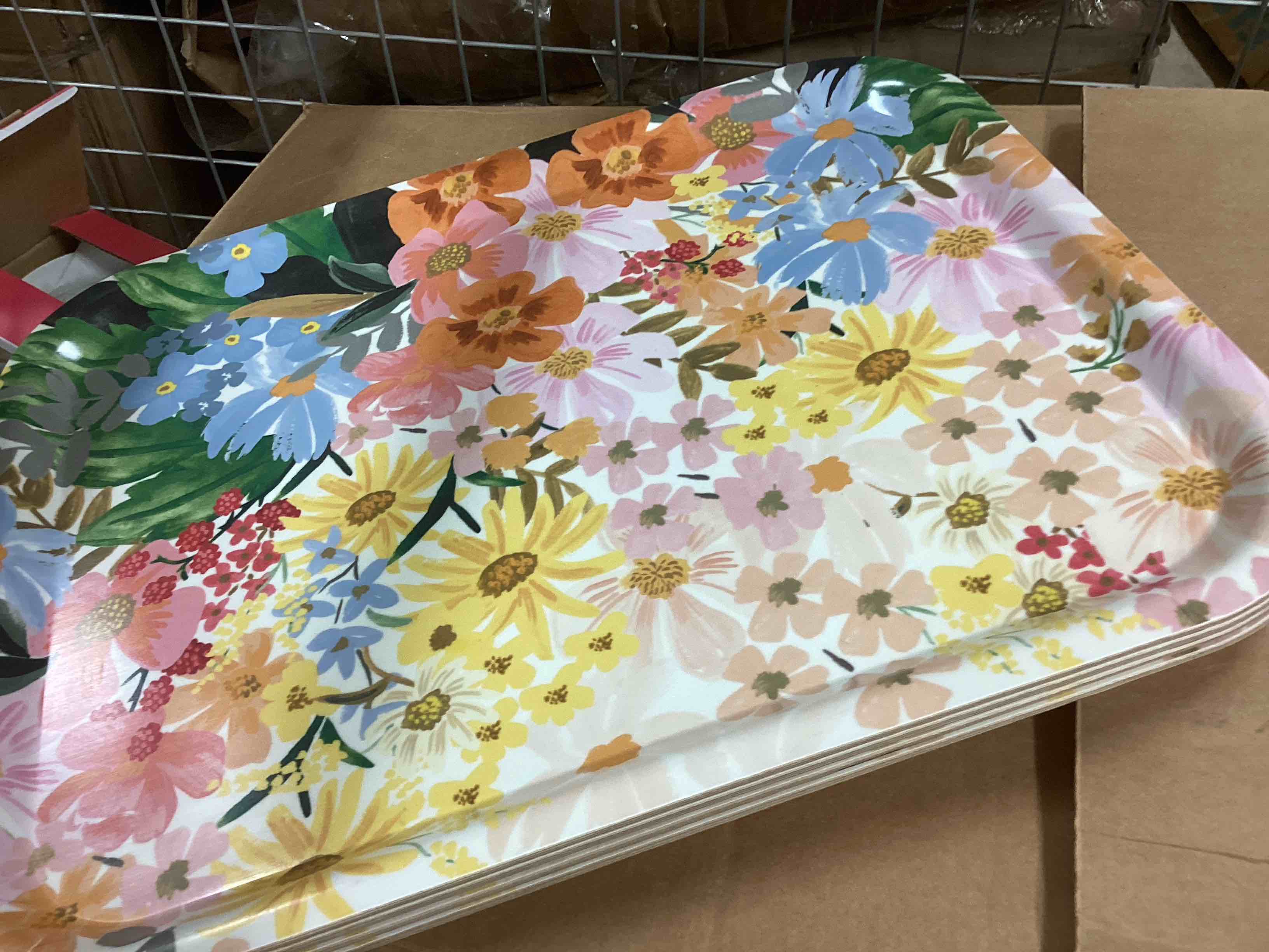 Condition photo showing Good Condition for rifle paper co. marguerite medium rectangle serving tray, bent ply tray, laminated paper and birch wood, (food and dishwasher safe, 14" l x 11" w), hostess, gift for mom, party, entertaining