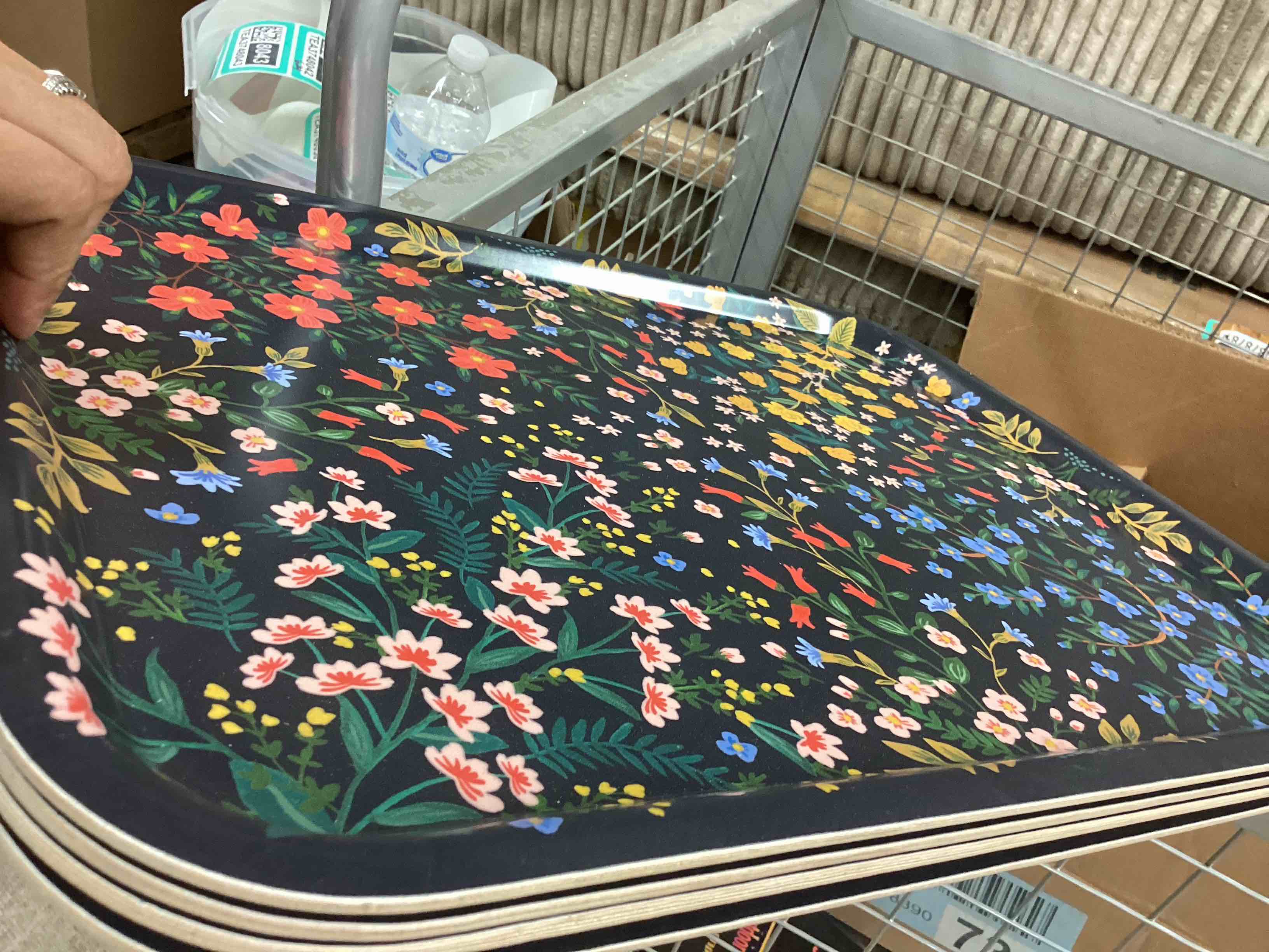Condition photo showing Good Condition for rifle paper co. wildwood large rectangle serving tray, bent ply tray, laminated paper and birch wood, printed in full color, food and dishwasher safe, fsc-certified, 17" l x 13" w