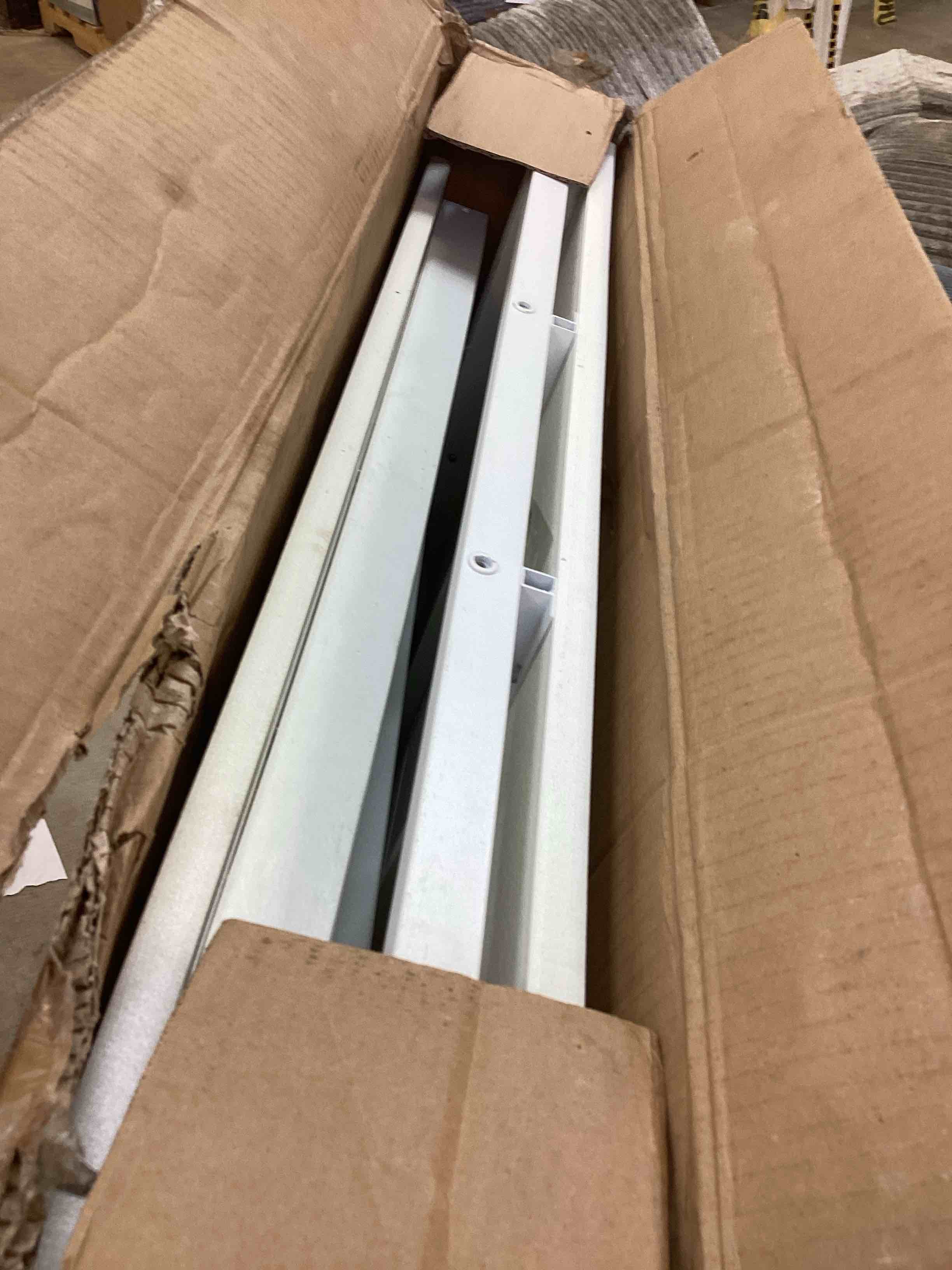 Condition photo showing As Is for ymclub white powder-coated aluminum dining height outdoor table with umbrella hole