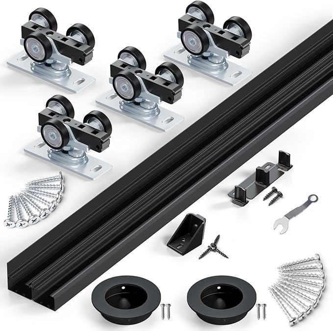 smartstandard 60"/5ft ceiling mount bypass sliding door hardware kit for cabinet closet, double pocket doors hardware with finger pull, smoothly and quietly, fit 30.5" wide door panel, no door, black