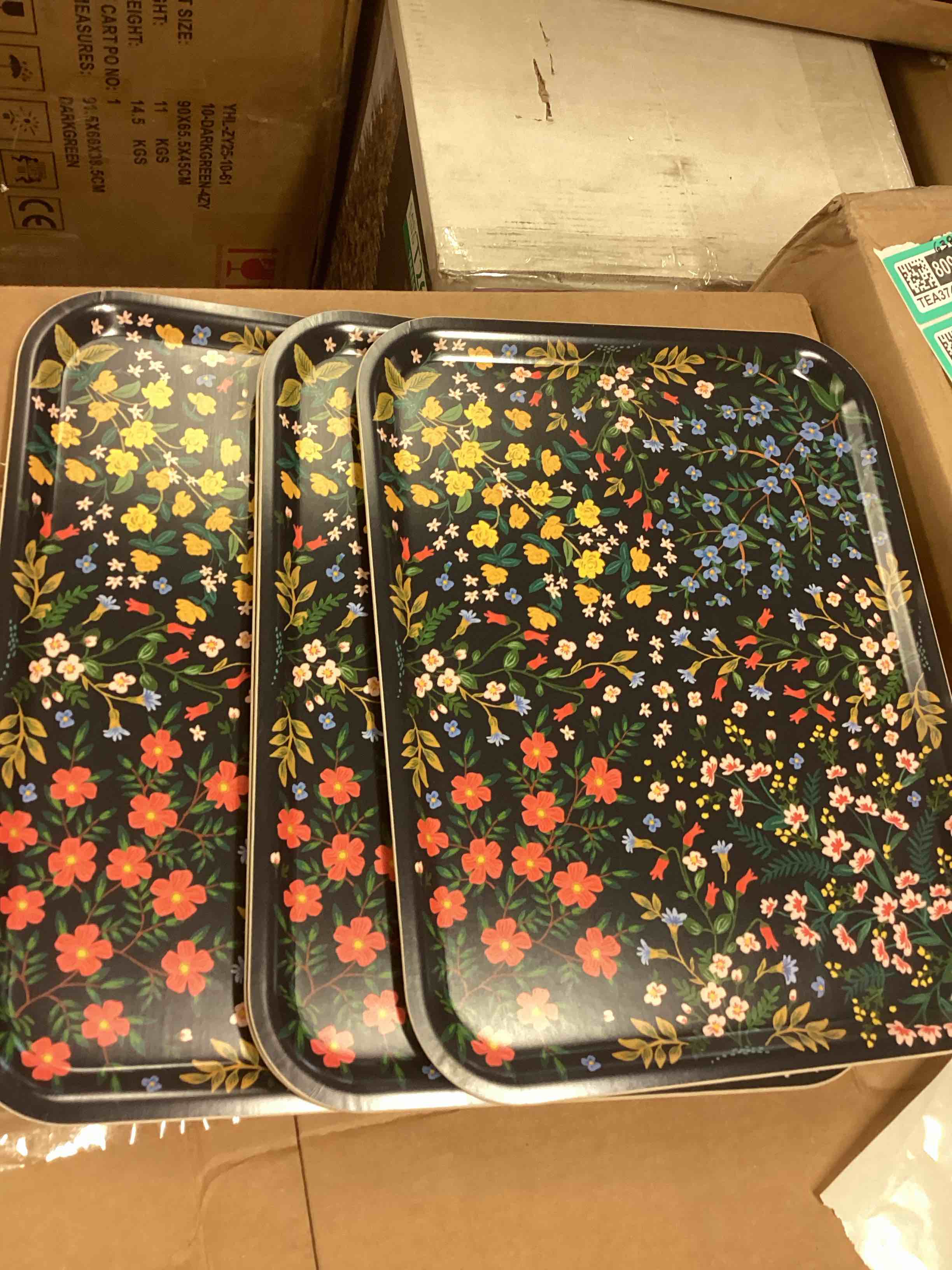 Condition photo showing New/Like New for rifle paper co. wildwood large rectangle serving tray, bent ply tray, laminated paper and birch wood, printed in full color, food and dishwasher safe, fsc-certified, 17" l x 13" w