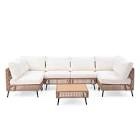 brown 7-piece wicker patio conversation set with beige cushions and coffee table (incomplete one box only)