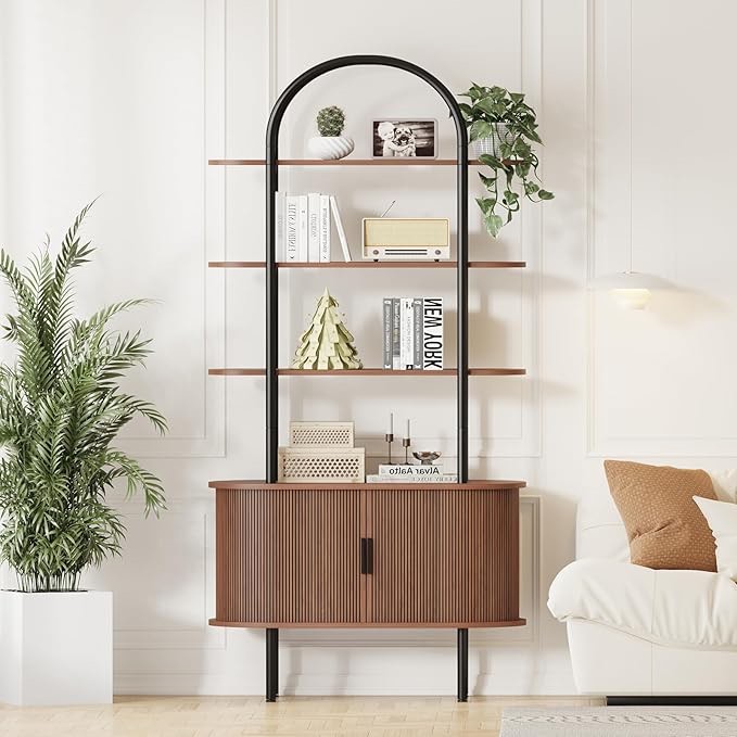 71" tall arched bookshelf with sliding tambour doors, mid century modern curved metal frame bookcase, 4-tier storage display shelf for living room/bedroom/home office (walnut)