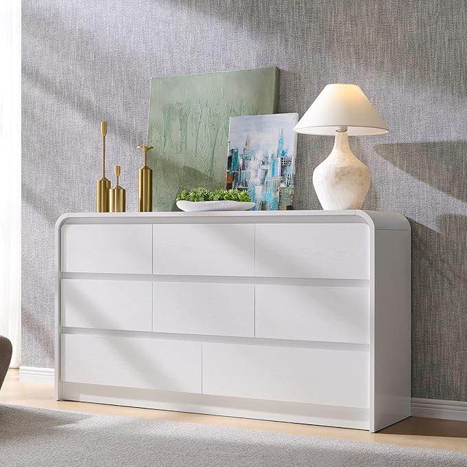 Aitjunz Modern 8 Drawers Dresser for Bedroom, 55" Wide Dressers & Chest of Drawers w/Curved Profile Design, Wood Mid Century Storage Dressers Organizer for Bedroom, Living Room, White (incomplete one box only)