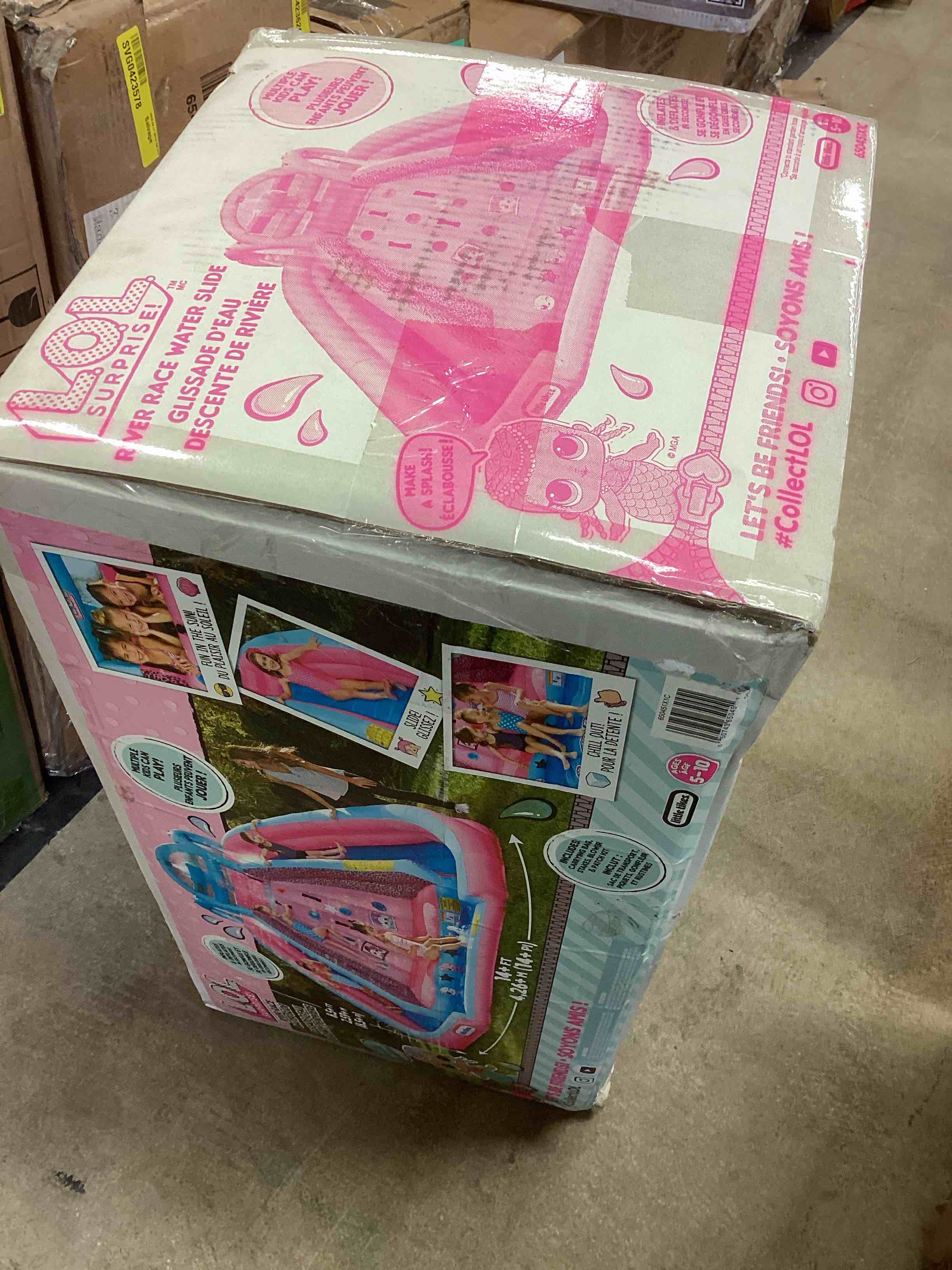 Condition photo showing New/Like New for lol surprise pink river race inflatable water park  2 slides  climbing wall & blower  outdoor toy  ages 4 and up