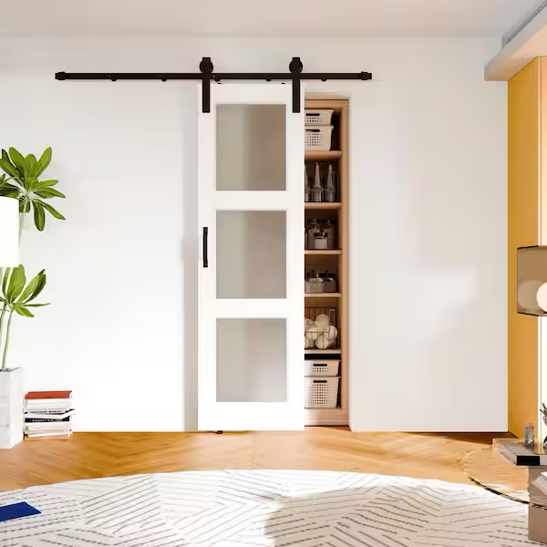 24 in. x 80 in. White 3-Lite Frosted Glass Panel Solid Wood Barn Door Slab with Full Barn Door Hardware Kit (Similar) 