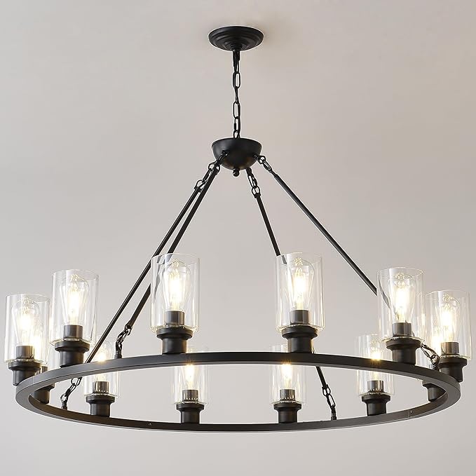 black large wagon wheel chandelier 32 inch modern farmhouse glass pendant light 12-light ceiling hanging lighting fixtures for living room dining room kitchen island foyer