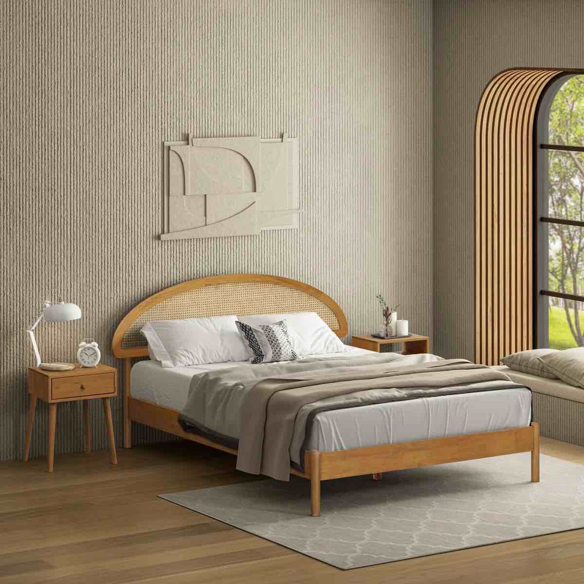 Gem Solid Wooden Bed Frame With Headboard And Natural Rattan, (similar) 