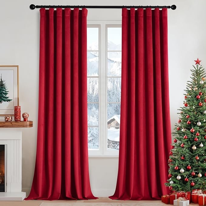 MIULEE Christmas Velvet Curtains 84 Inches Long 2 Panels Set for Bedroom, Pinch Pleat Back Tab Luxury Thermal Insulated Living Room Darkening Drapes Pleated Blackout Window Curtains with Hooks, Red (similar) 