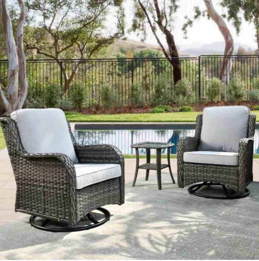 Oreille Grey 3-Piece Wicker Outdoor Patio Conversation Swivel Chair Set with a Side Table and Light Grey Cushions (ONLY 2 SEATS , MISSING CUSHIONS) 