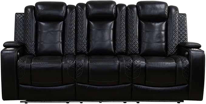 Breathable Leather Power Recliner Sofa, Armrest with Cup Holders/LED Light/USB,Home Theater Seating Couch for Living Room/Office/RV (3 Seater Reclining Sofa,Black)