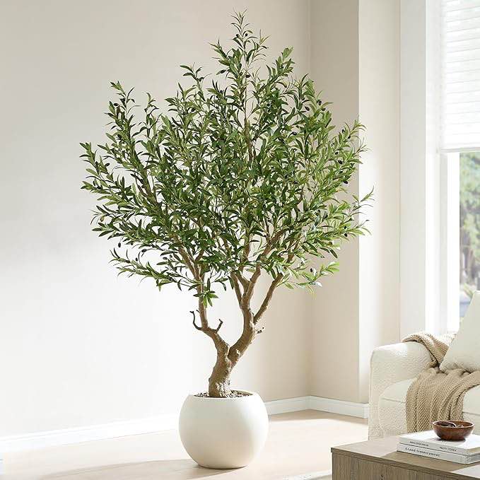 7.5 FT Large Luxury Artificial Olive Tree, Tall Faux Olive Tree with White Pot, Extra Lush Stereoscopic Shape, 5 Minutes Easy Set-up, Realistic Trunks and Lifelike Leaves & Fruits, Home Office Décor ( only the base) 