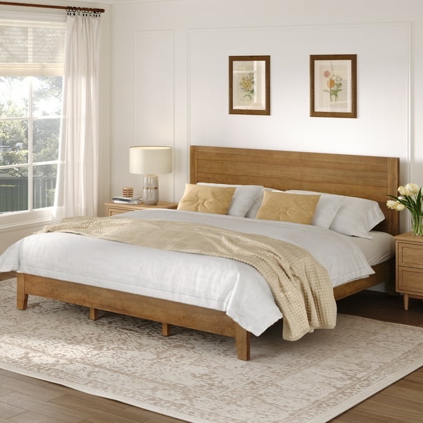 DYCANPO King Bed Frame with Headboard Acacia Wood Platform, Non-Slip&Without Noise, ( Dark Wood color) 