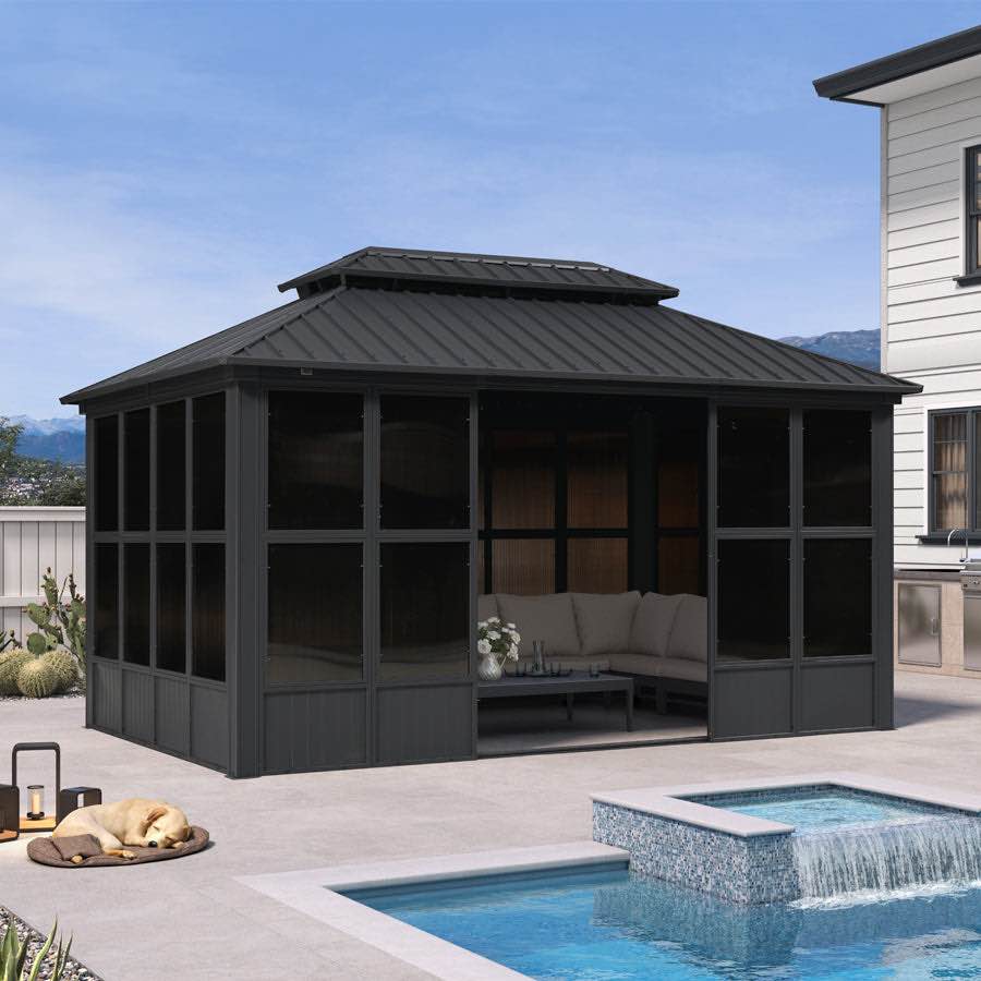 10ft x 14Ft , Sunroom Hardtop Gazebo Solarium Grey Galvanized Steel Double Roof All-Weather Aluminum Outdoor Screen House ( similar) ( Box 2 of 8 only) 
