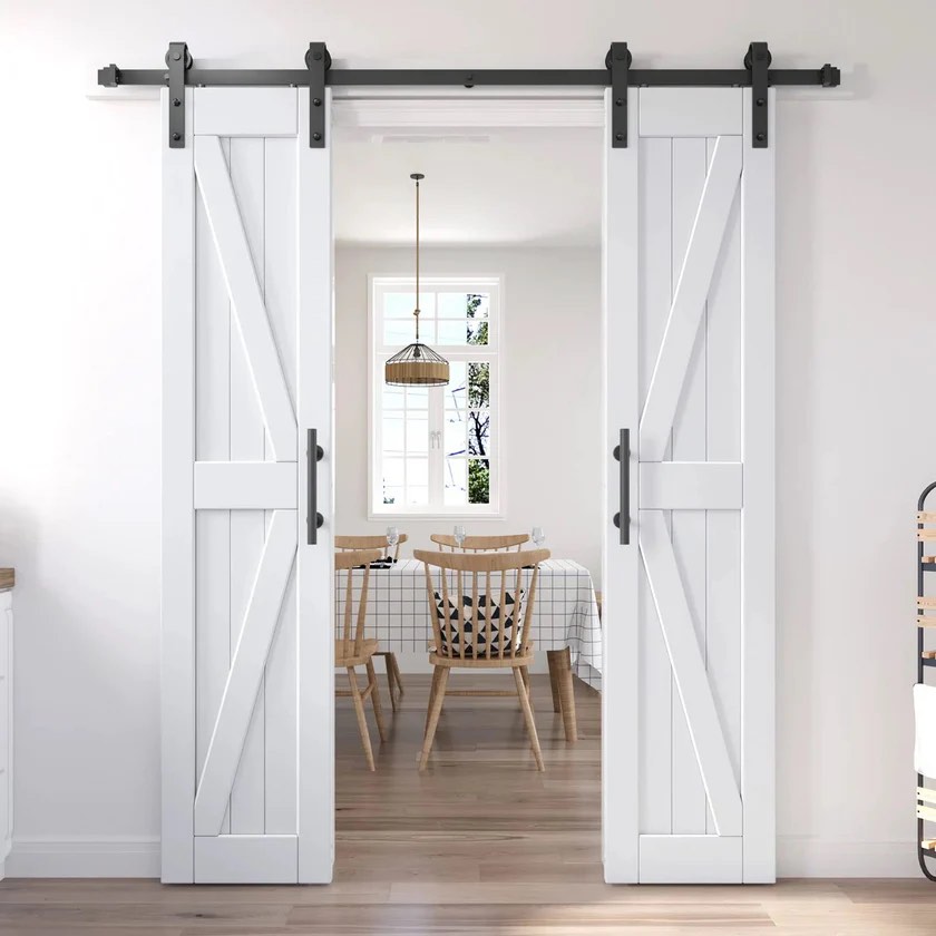 28inch double barn door with sliding door hardware and handle included, diy assembly and easy install, waterproof and durable lvl solid wood construction with white k frame, suitable for interior and exterior rooms (similar)