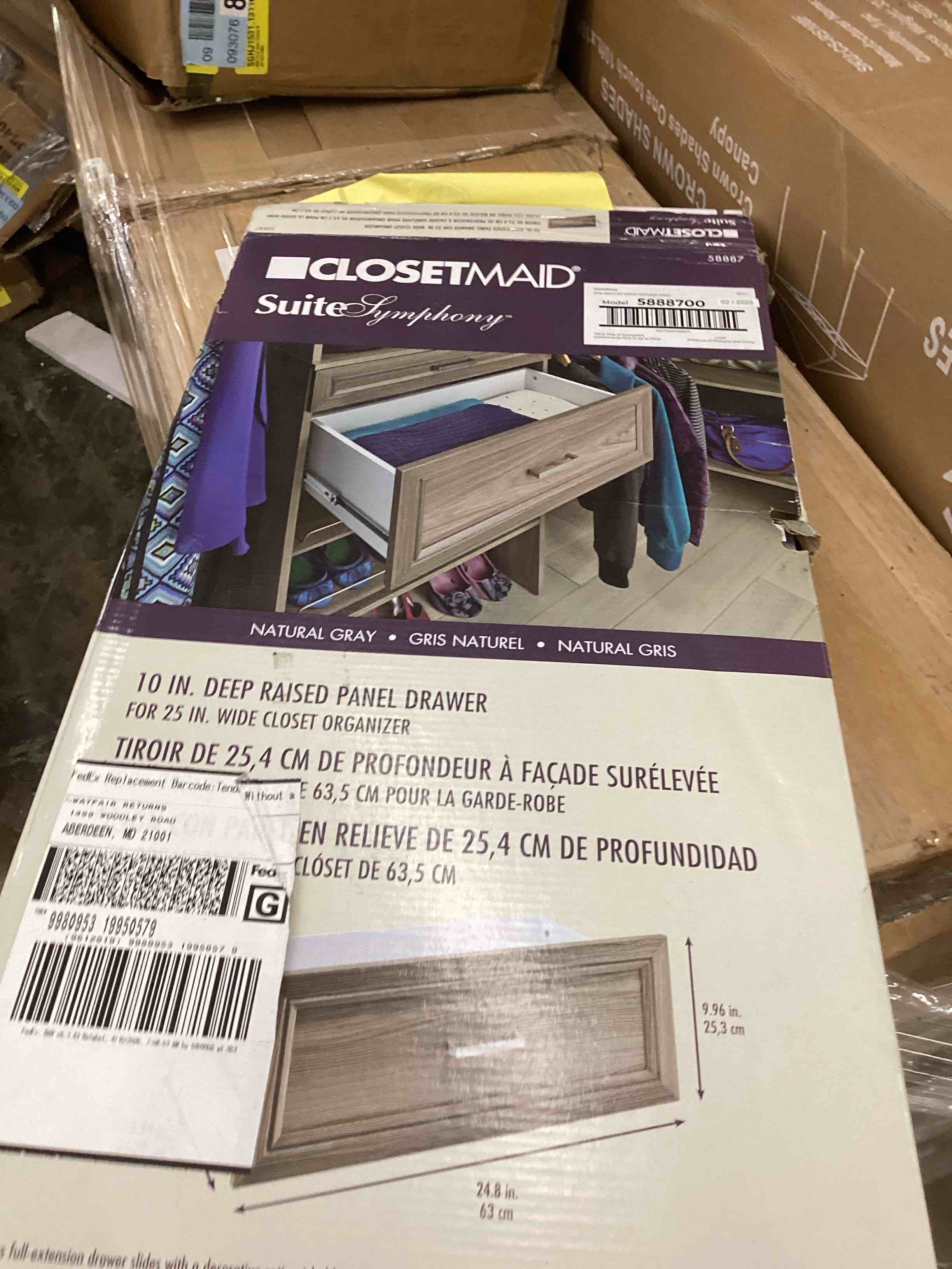 Condition photo showing New/Like New for closetmaid suitesymphony wood closet drawer, add on accessory, shaker style, for storage, closet, clothes, 25” x 10” size for 25 in. units, natural gray