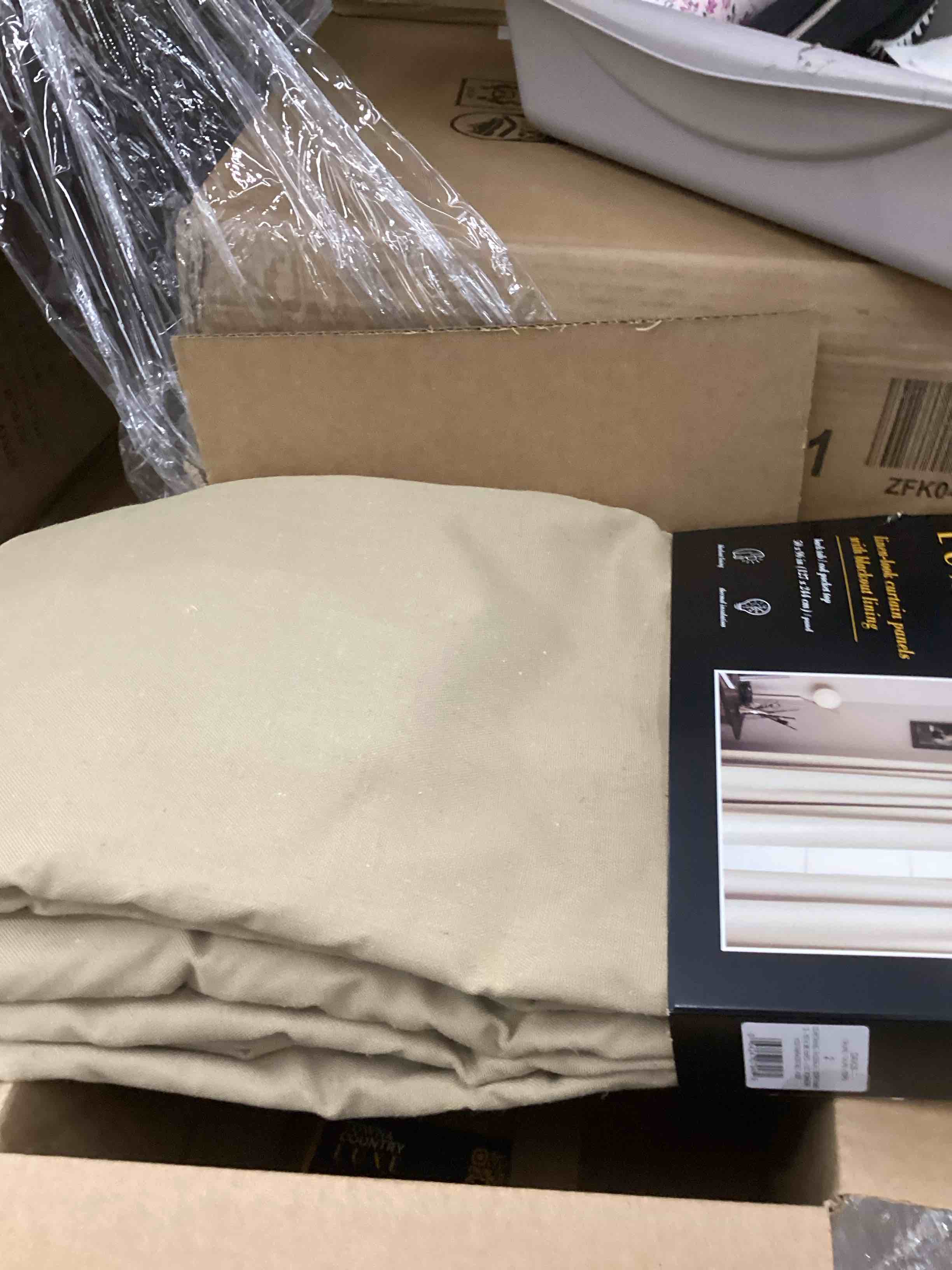 Condition photo showing New/Like New for town & country luxe davos solid linen texture indoor curtains, 100% blackout with energy efficient lining, back tab/rod pocket top, 2-pack set, taupe, 50"x96"