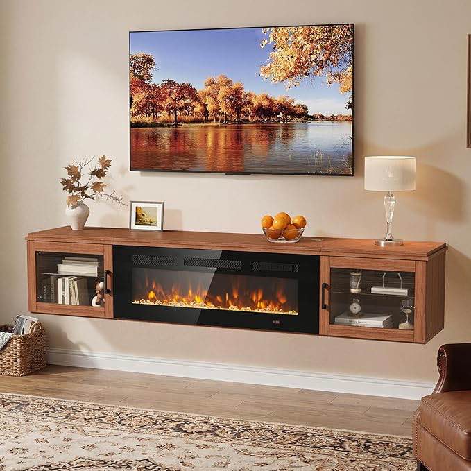 70" Floating TV Stand with 36" Electric Fireplace, High Gloss Finish Wall Mounted Fireplace Entertainment Center with Storage for TVs Up to 80", Fireplace TV Console with WI-FI Enabled,Brown (incomplete one box of two only)
