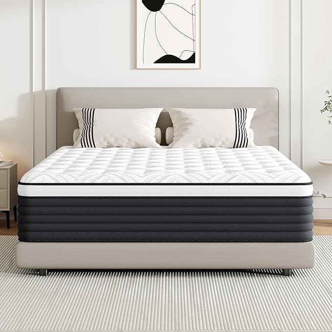 COOLMI King Size Mattress, 12 Inch Hybrid Memory Foam Mattress in a Box, Pressure Relief for Back Support, Medium Firm, Individually Pocket Springs, 100-Night Trial & CertiPUR-US Certified,Grey King