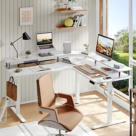 Bestier 63" Electric Adjustable-Height L-Shaped Standing Desk, White (incomplete one box of two only)