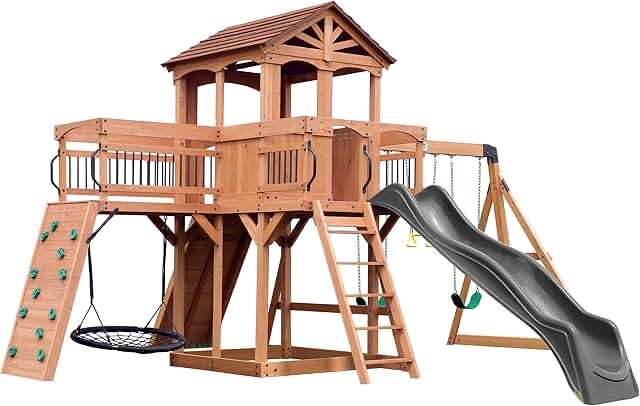 Sterling Point All Cedar Wooden Swing Set, Raised Clubhouse, Grey Wave Slide, Web Swing, Climbing Wall, 10ft Wave Slide, 2 Belt Swings, Front Porch, Bridge (incomplete one box only)